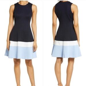 Eliza J COLORBLOCK QUILTED FIT & FLARE DRESS IN NAVY MULTICOLOR size 22W